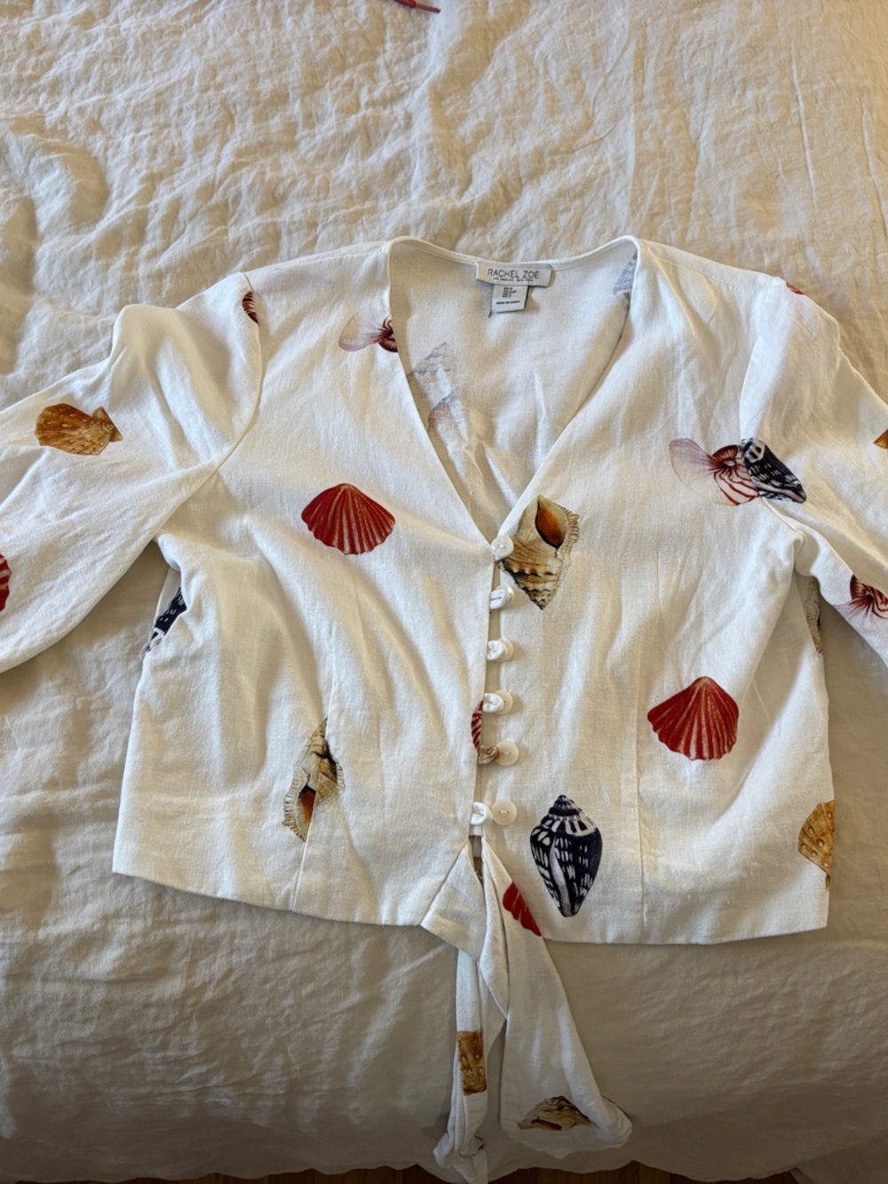 Rachel Zoe White Seashell Tie-Front Blouse with Red & Gold Shells